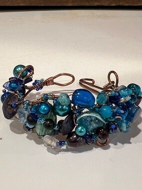 Artisan Copper Wire and Blue Beaded Bracelet BOHO